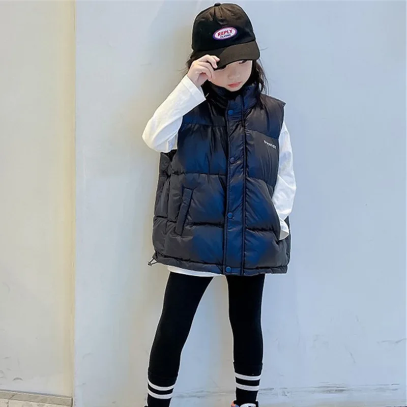 

Winter Children Girls Down Vest Cotton Padded Letter Print Sleeveless Babys Girl Parkas Solid Stand Collar Little Girl Waistcoat