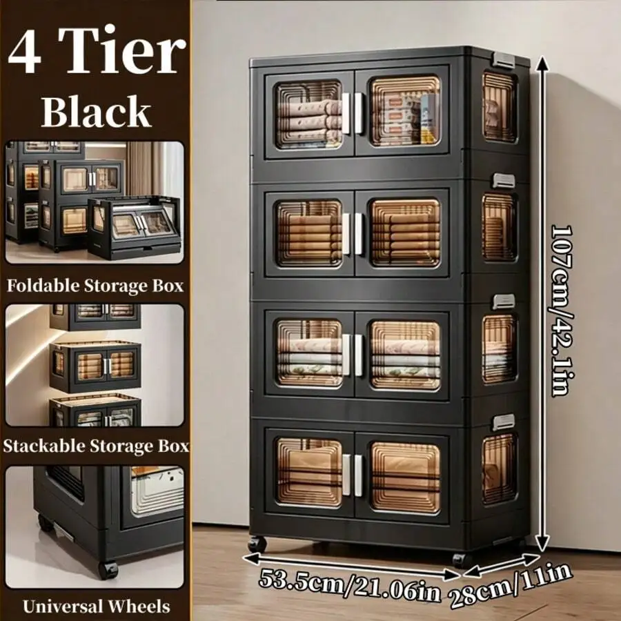 Foldable Wardrobe Storage Box, Large Capacity Stackable Organizer Bin With Lid, Rolling Modular Storage Cabinet With Universal Wheels, For Walk-In Closet, Living Room, Bedroom, Kitchen, Study Room Organization And Storage