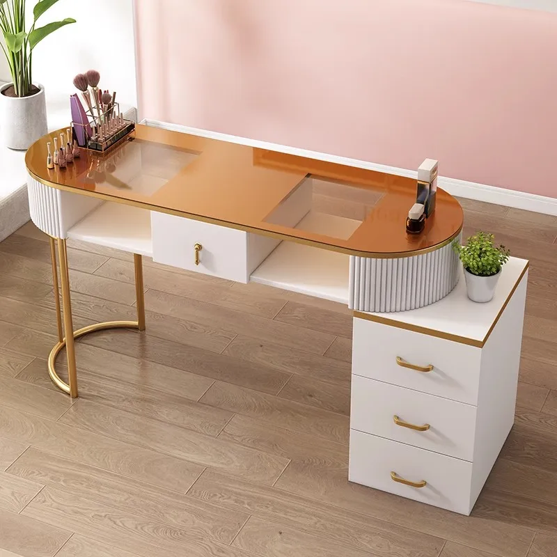 Luxury Nail Salon White Glass Double Seater Manicure Table and Chair Set Modern Beauty Shop Nail Table