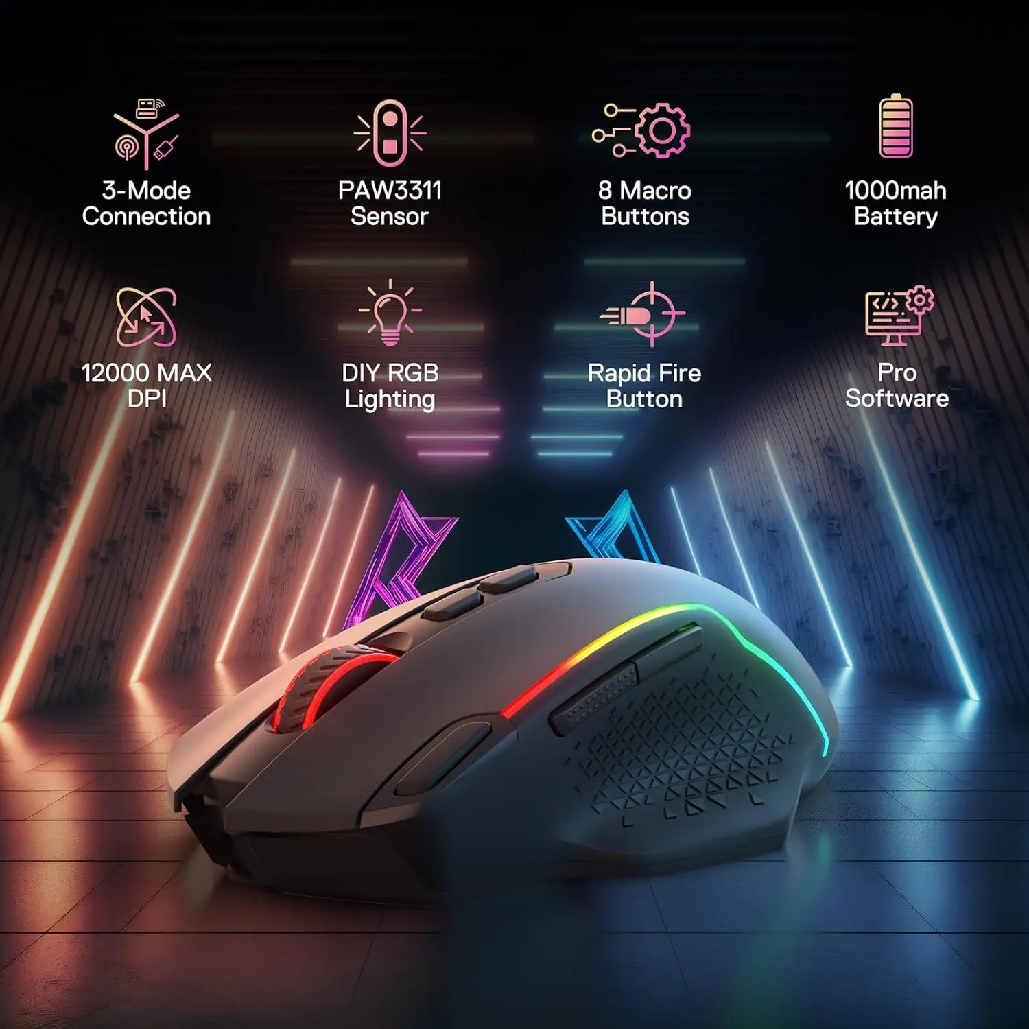 Redragon M810 MAX 3-Mode Wireless Gaming Mouse, 12000 DPI Wired/Wireless RGB Mouse,Rapid Fire Key, 8 Macro Buttons - view 4