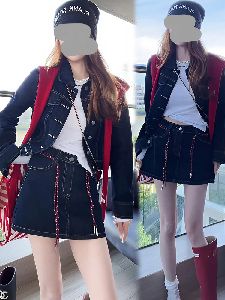 

Retro Anti-Aging Collar Denim Jacket Women's Spring Autumn New Slimming Skirt Two-Piece Set Casual Style Long Sleeve