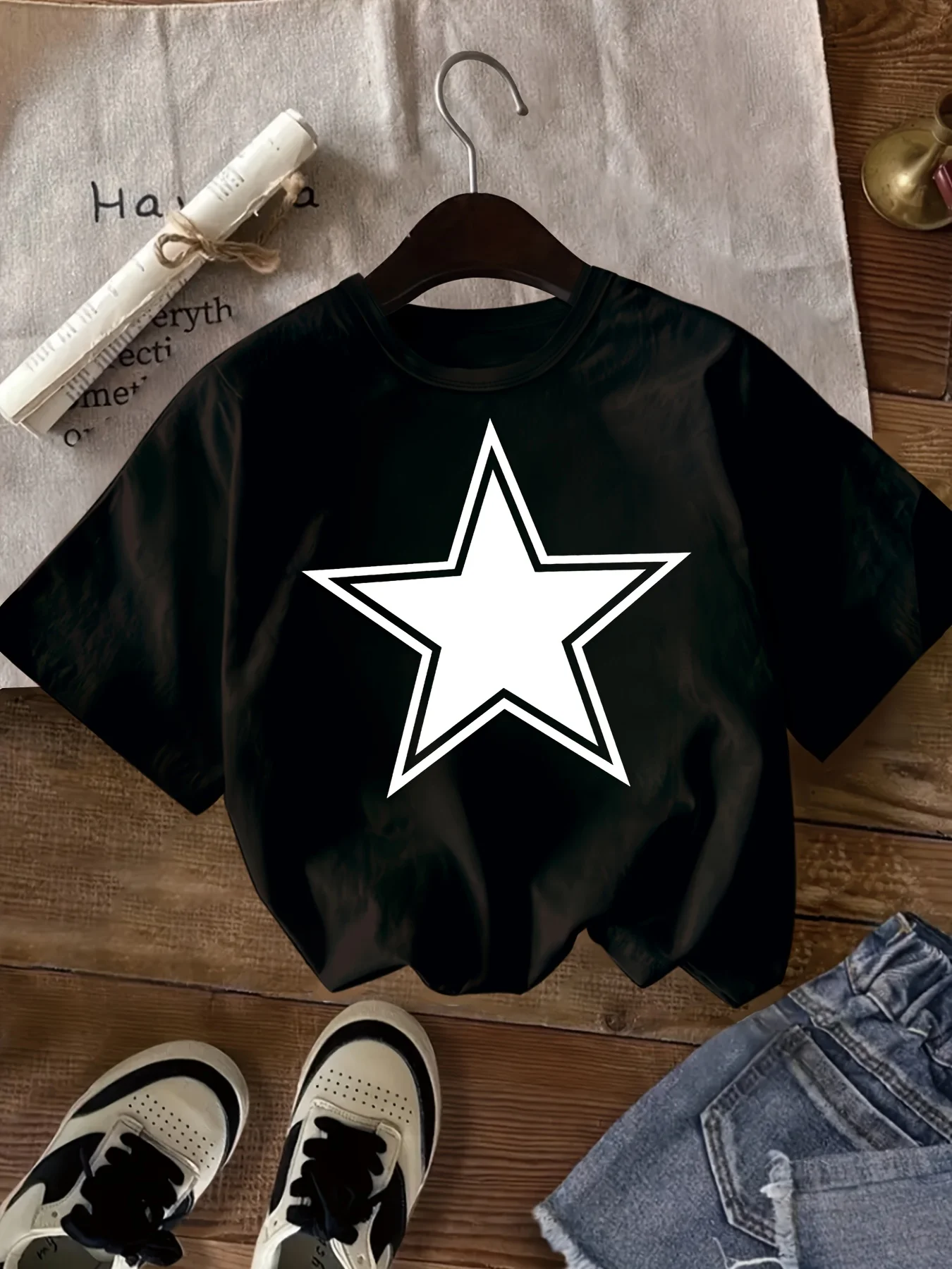 Girls Pure Cotton Round Neck Short-Sleeve Top Star Patterned Printed T-shirt Y2K Trendy Girls' Summer T-shirt Girls Clothing