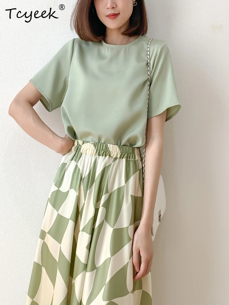 

Tcyeek Summer 26 Mm Heavy Weight 100% Mulberry Silk Tshirts Women O Necks Tops Solid Loose Short Sleeve Tees New 2023 T35959M