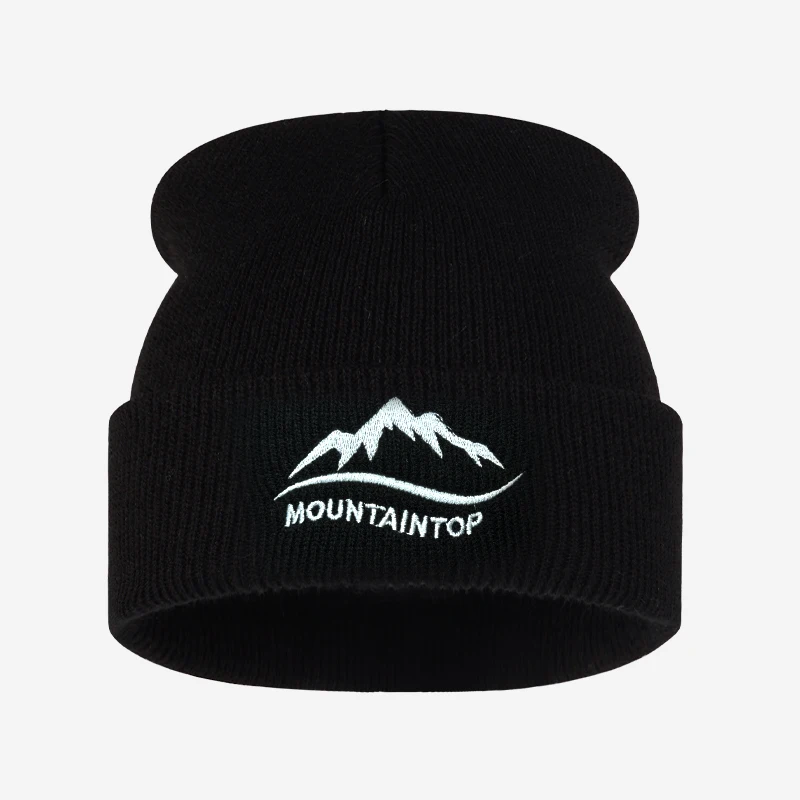 Mountaintop Mountain Pattern Embroidery Knit Beanie Adult  Soft Stretchy Thermal Winter Hat Outdoor Camping  Holiday Party Gift