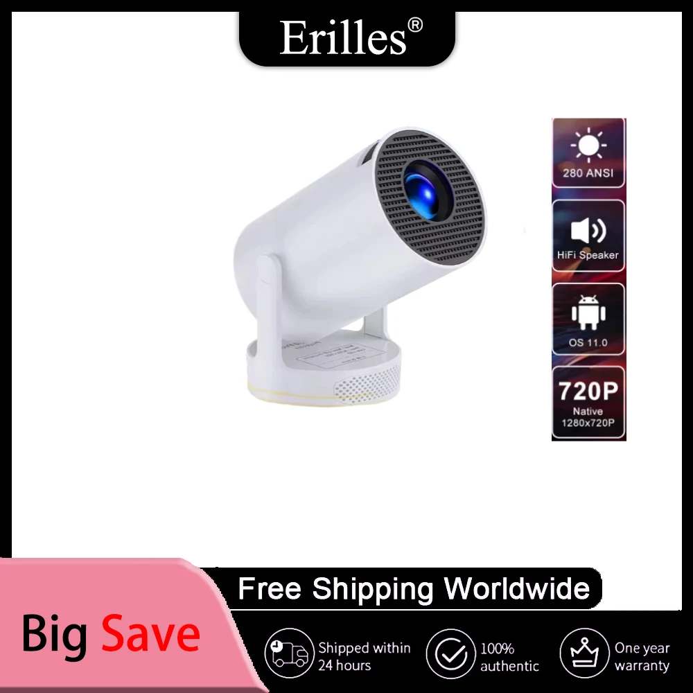 4K Android11 Projector WiFi6 BT5.4 Pocket Outdoor Home Theater Auto Vertical Keystone 2025 New 180 Rotation