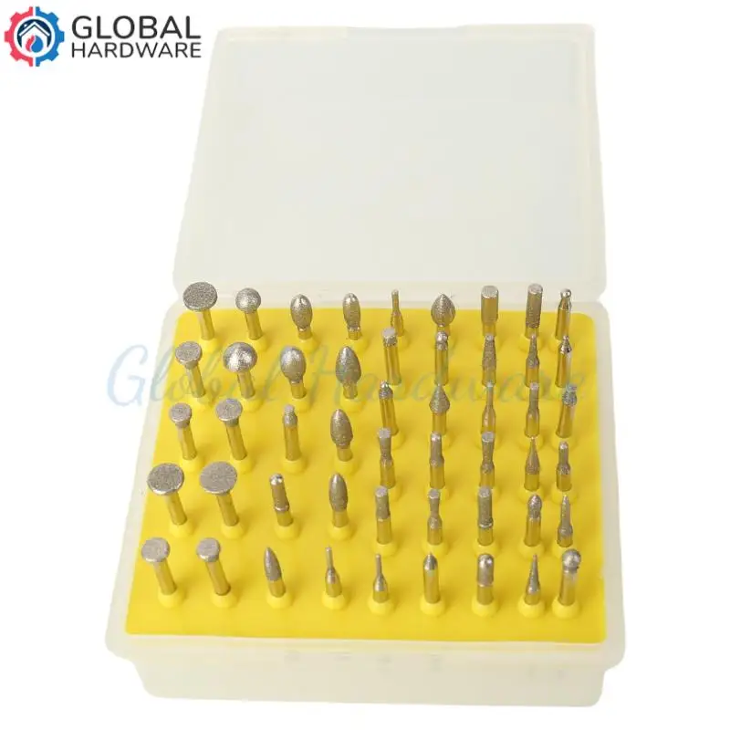 50 buah set kepala burr pemoles berlian, aksesori penggilingan listrik, alat berputar untuk mengukir batu giok dan batu