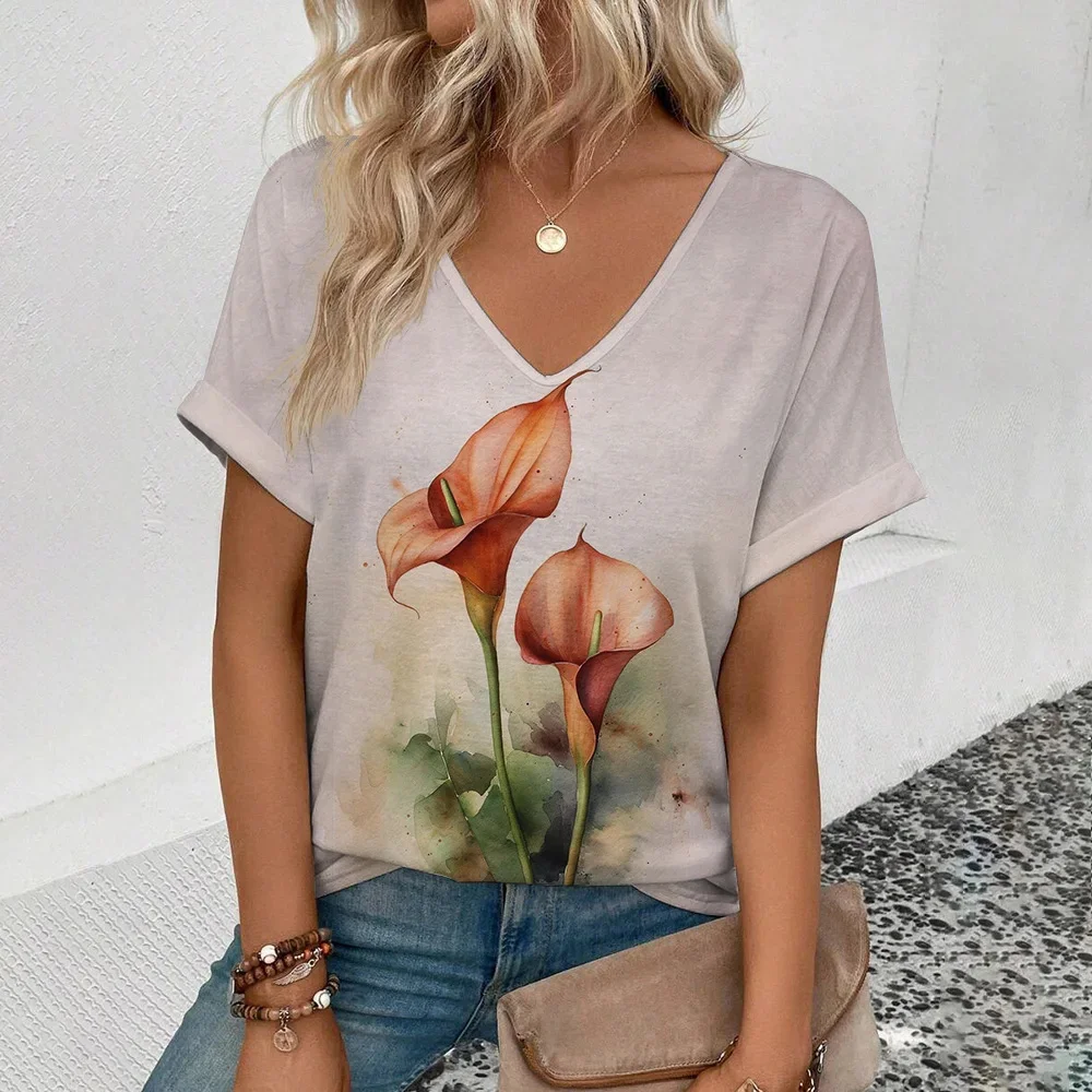 2024 Daily 3d Print T-Shirt Harajuku Flowers Women's T-Shirt Fashion Casual Short Sleeve Top V-Neck Oversized Clothing