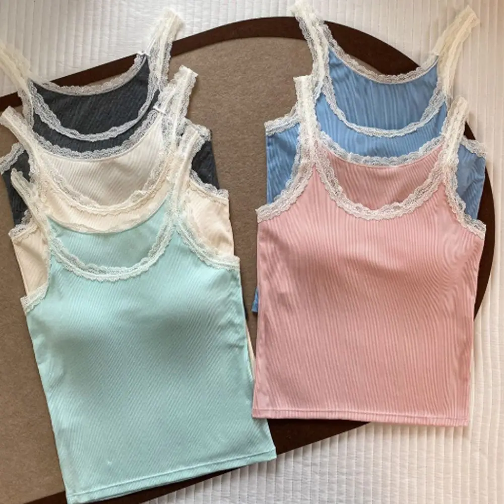 New Cotton Lace Camisole Breathable Solid Color Push Up Bra Lace Trim Crop Top