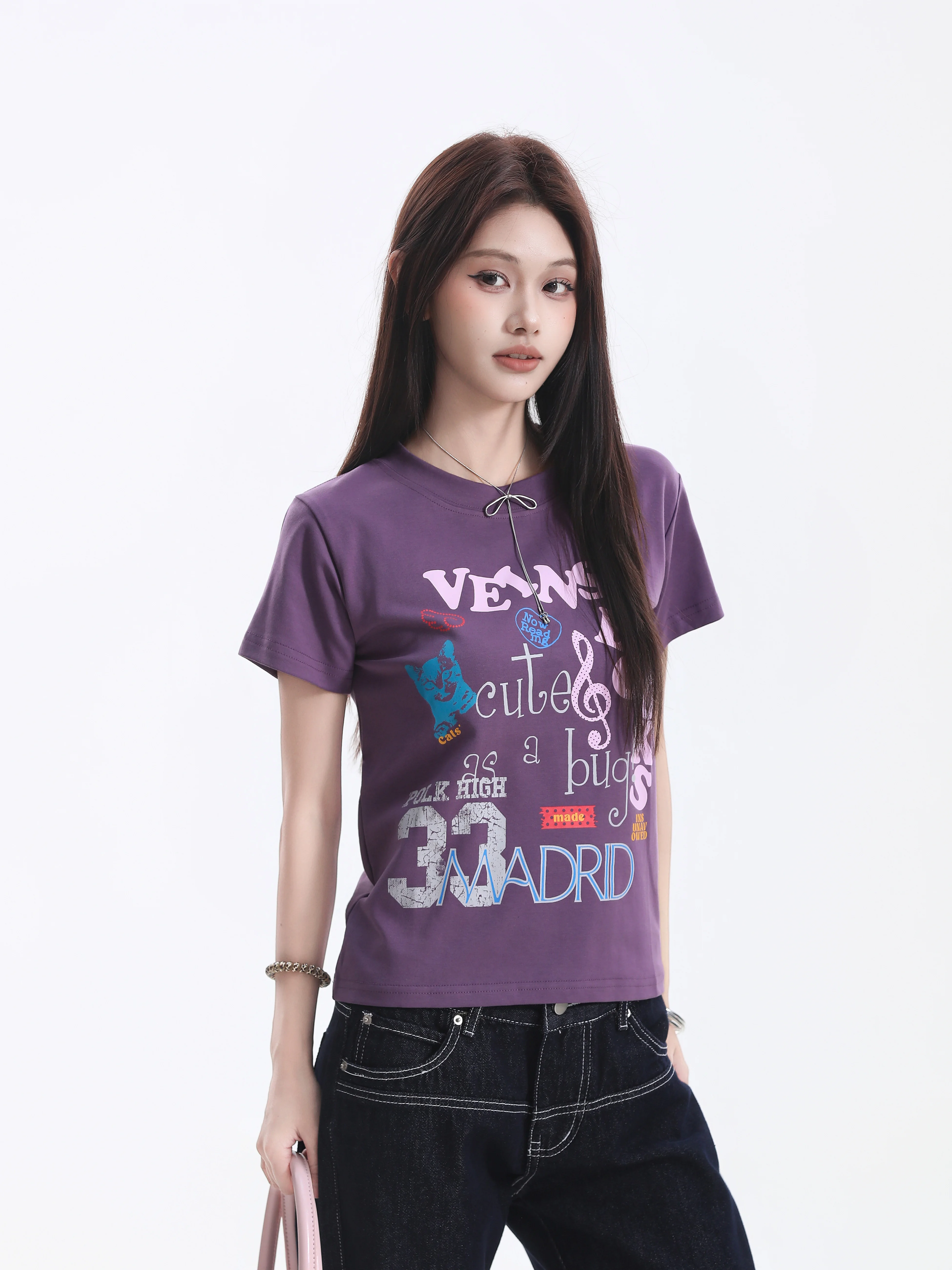 Slim Fit Short Sleeve T-Shirt Women's  Letter Print Casual Style Cotton Top Small Ball American Style Short Length