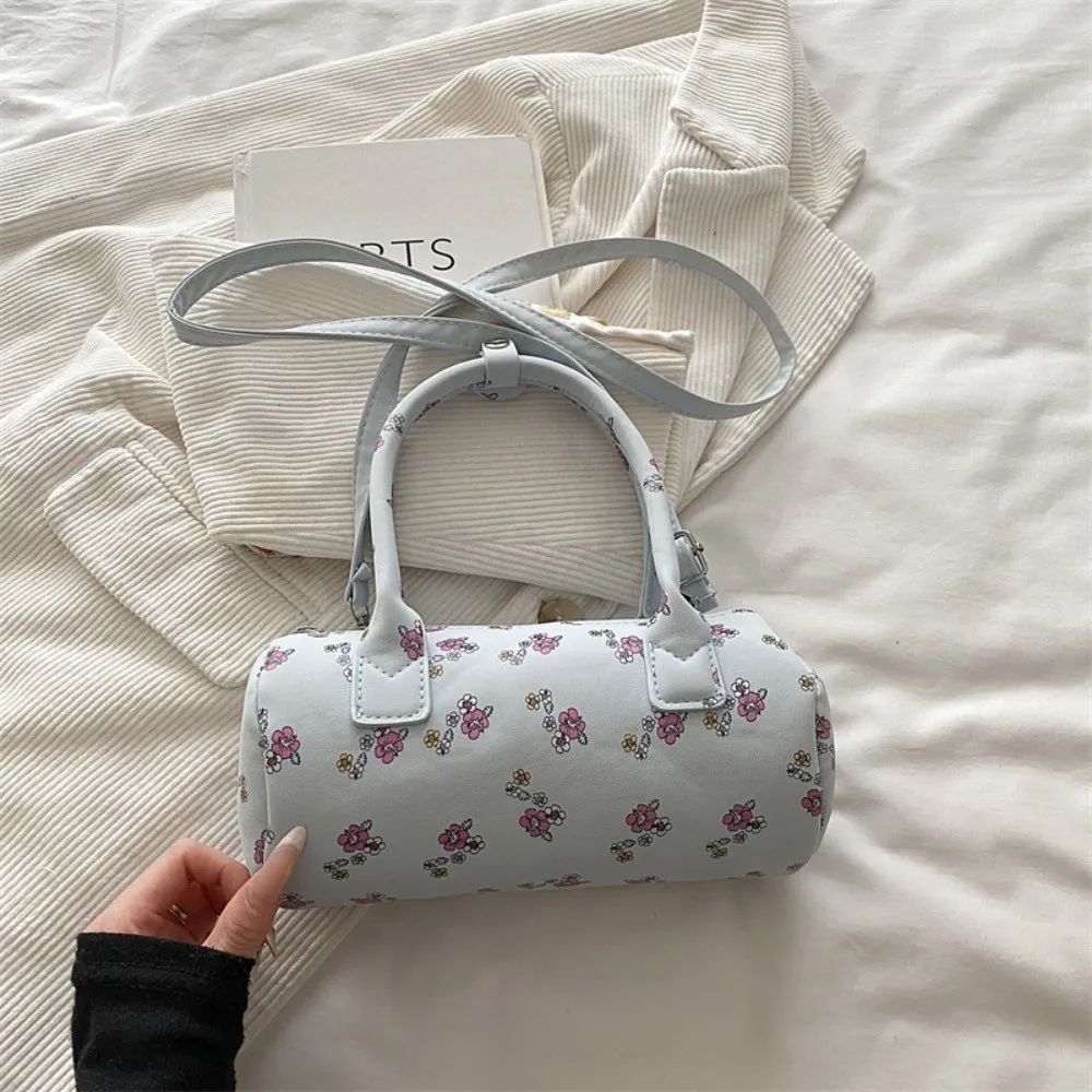 Sweet Floral Print Shoulder Bags Lightweight Round Cylinder Shape Crossbody Bag PU Leather Pillow Handbag Women