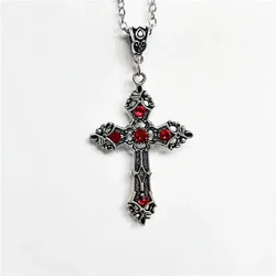 European and American retro simple fashion gothic black gem ruby cross pendant men's women's necklace