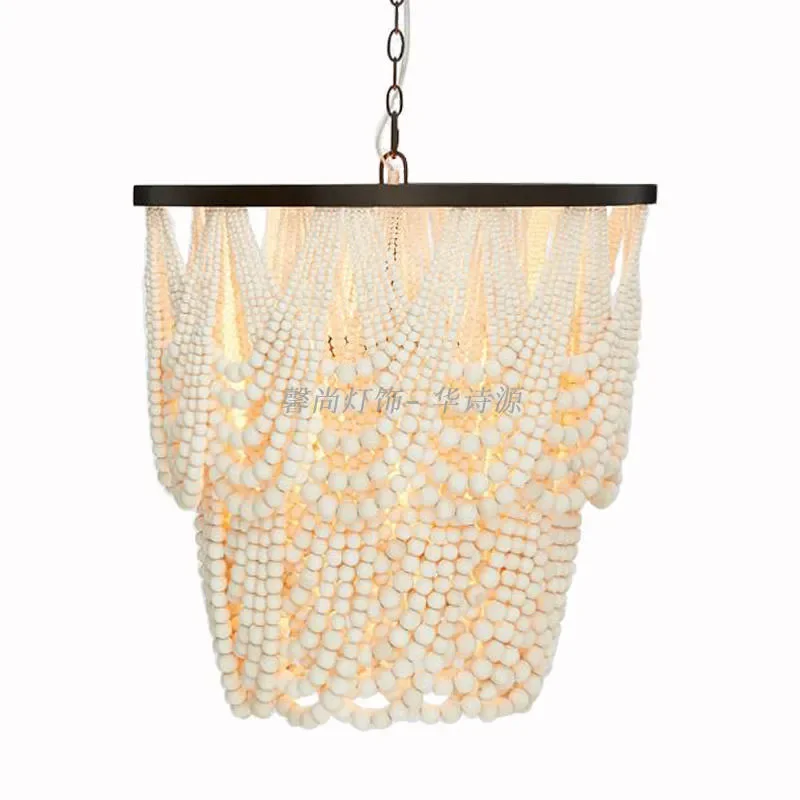Boho Black Wood Bead Chandelier for Living Room Bedroom Window Creative Pendant Light Home Decor