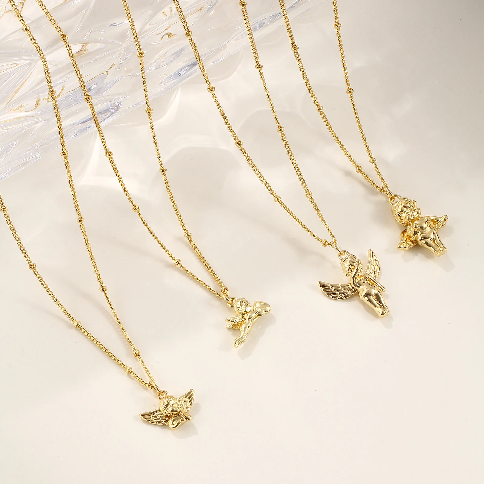 1pc Angel 3D Pendant Charm Necklace Stylish 18K Gold Plated Brass Curb Link Chain Retro Charms Necklace For Women 45cm+ 5cm Long
