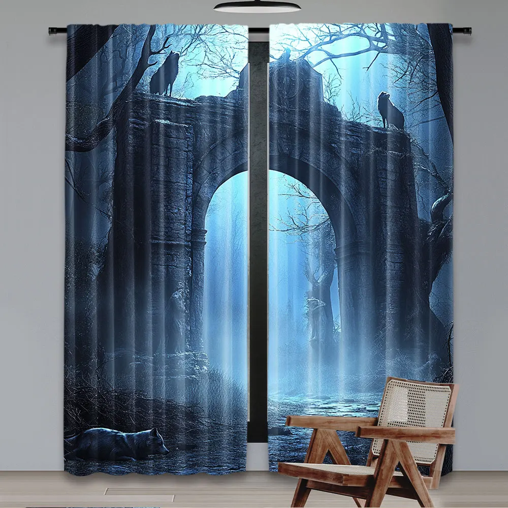 2Pcs Gloomy Scenery Curtain Moon Ancient Arch Ruins Forest Wolves Curtain Suitable For Living Room Bedroom A