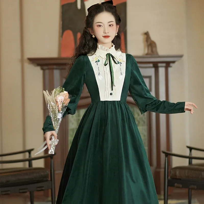 

Spring Fall Women Vintage Ruffled Stand Collar Patchwork Embroidery Green Velvet Dress , French Style Velour Dresses for Woman