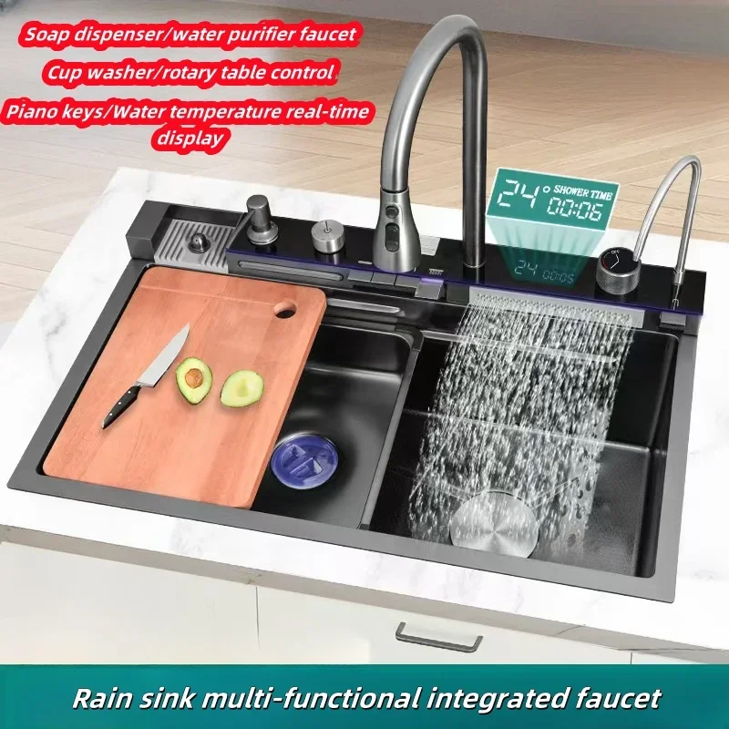 Hot Sale Anti-Scratch Multi Function Kitchen Sink Digital Double Waterfall Workstation Stainless Steel Handmade Kitchen Sink