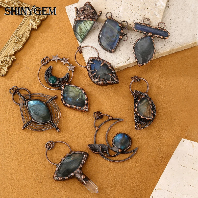 SHINYGEM Italian Style Natural Labradorite Bronze Sweater Chain Pendant Random Shape Jewelry Necklace Gift