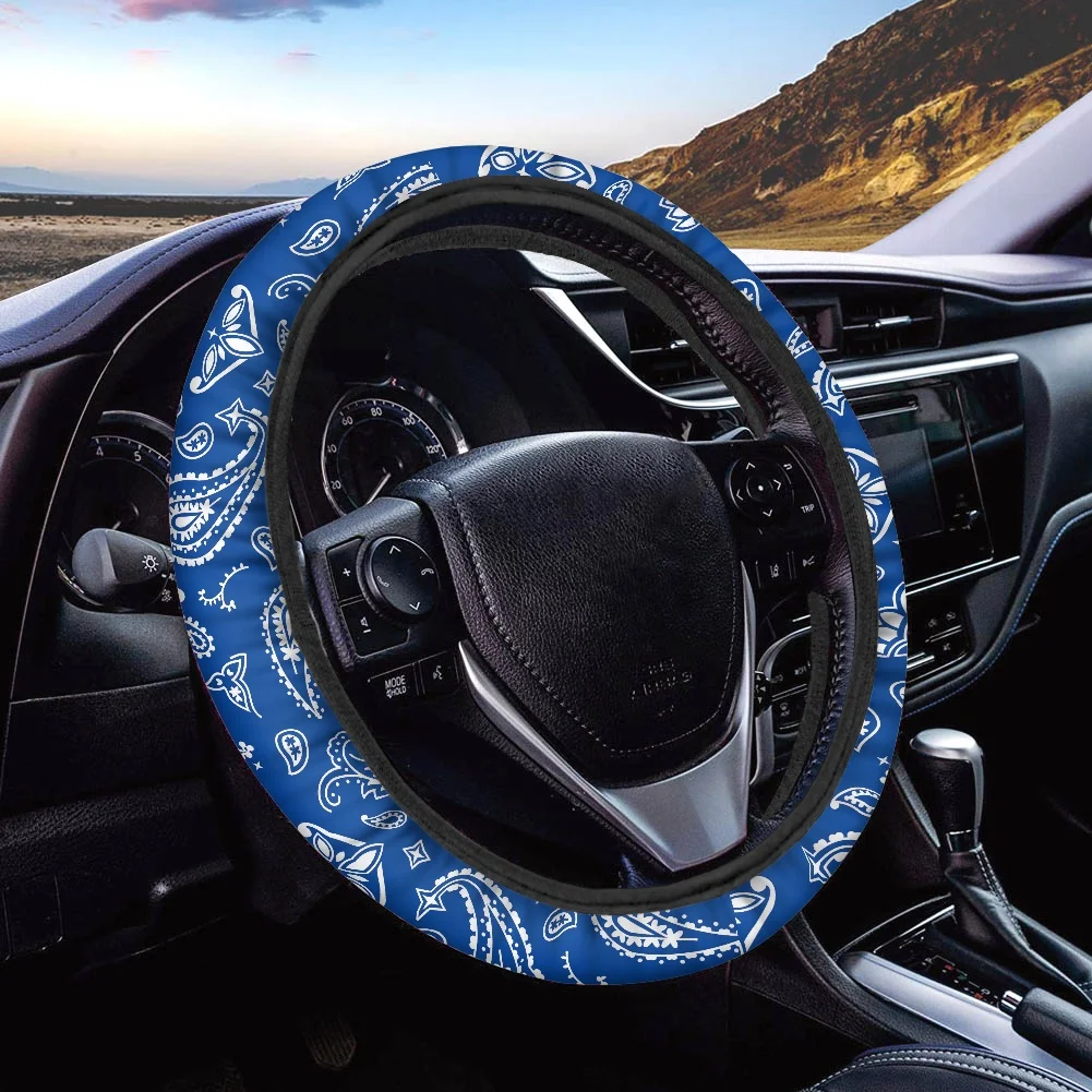 Stylish Paisley Blue Pattern Steering Wheel Cover Set for Women Winter Breathable Car Steering Wheel Cover Accesorios Para Auto