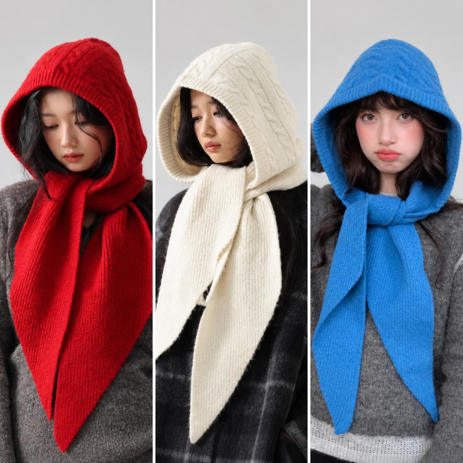 女性用、冬用のニット製フード付きマフラー帽子。暖かく快適で、頭と首を覆うことができ、裏地にはフリースが使用されており、長い裾が付いているので、旅行や普段使いに最適。