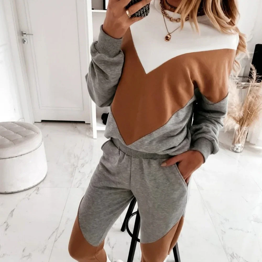 Casual Women Winter Autumn Sport Suits Tracksuits Splicing Femme Two Piece Sets Sweatshirt Top Loose Long Pants Jogging Suits