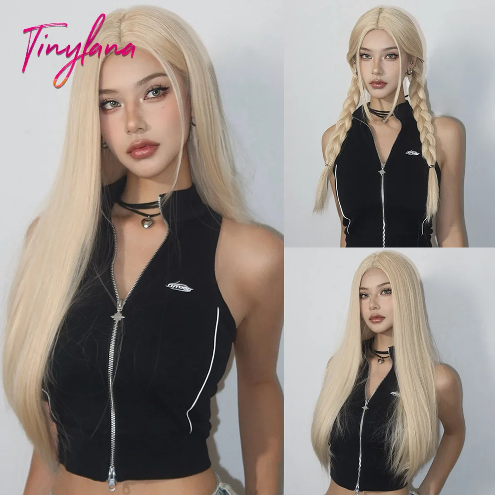 Blond długie proste peruka syntetyczna złote peruki Cosplay środkowa część dla kobiet Afro Party Lolita codziennie naturalne włosy odporna na ciepło