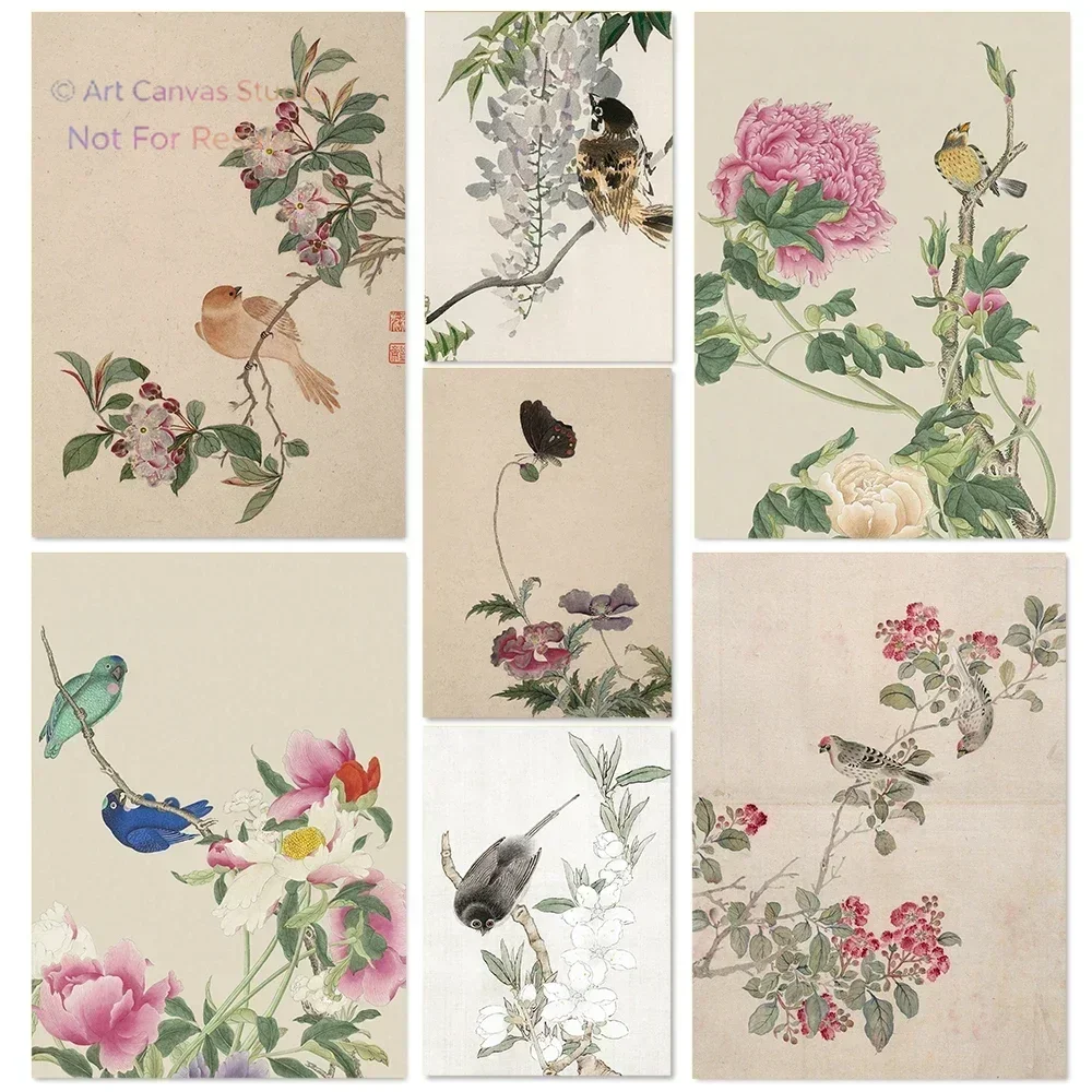 Traditional Flower Bird Posed For An Ink Painting – Retro Chinese Aesthetic Frameless Canvas for Home Wall Decor