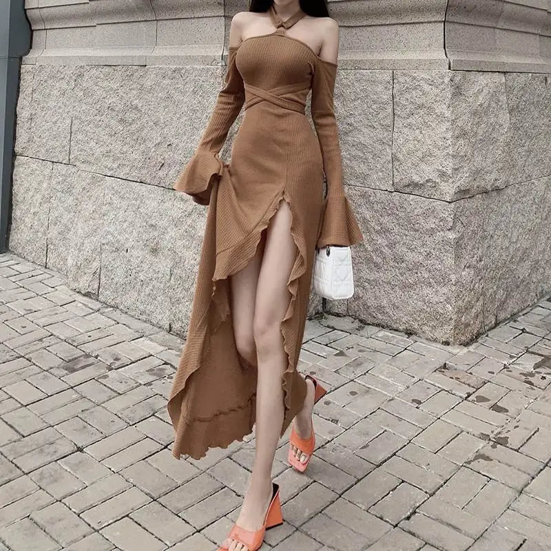 

Ahagaga Sexy Long Dr with Belt Bow Design Slit And Flared Sves for Women Ele Bal Open Split Hot Girl Dr