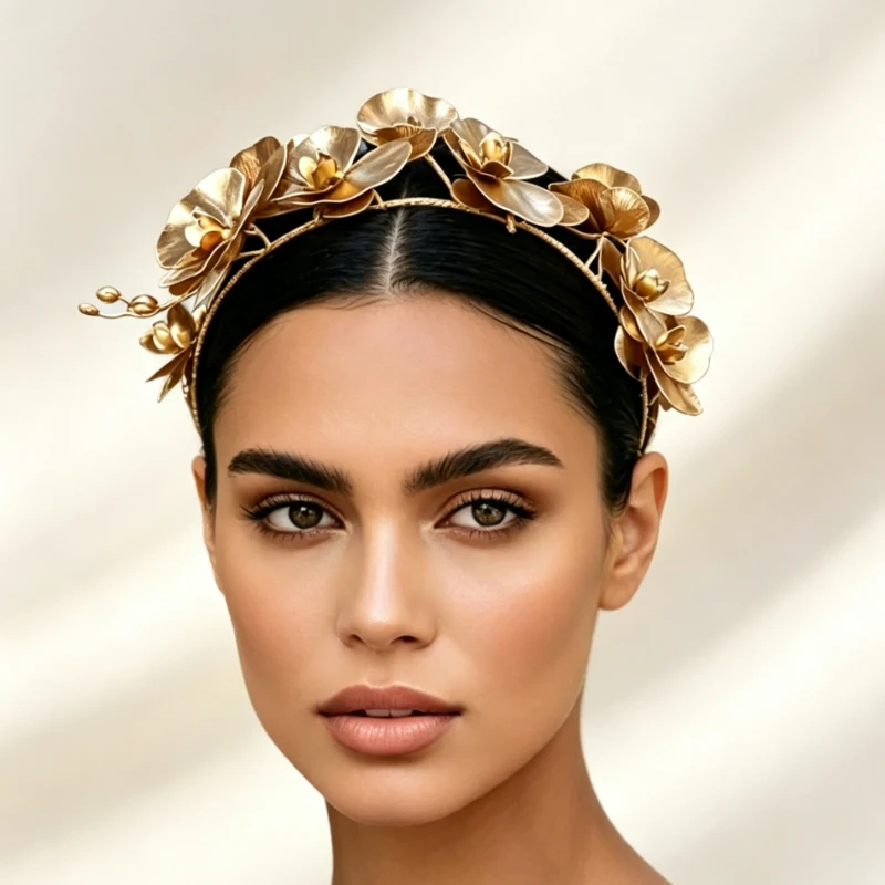 Gold Orchid Flower Headband Bridal Wedding Hair Crown Matte Golden Butterfly Orchid Hair Hoop for Bride Photoshoot Evening Party