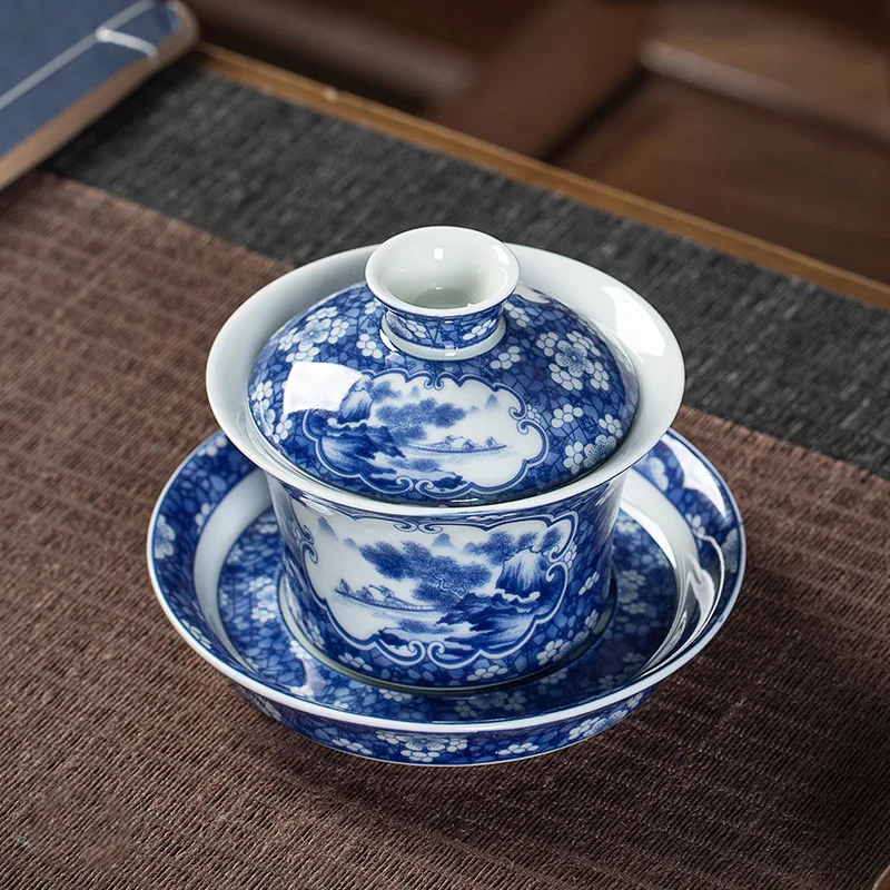 Jingdezhen Blue and White Porcelain Prunus Mume Horseshoe Cover Teacup Handmade Set Three-Piece Bowl Ceramic Ceremony