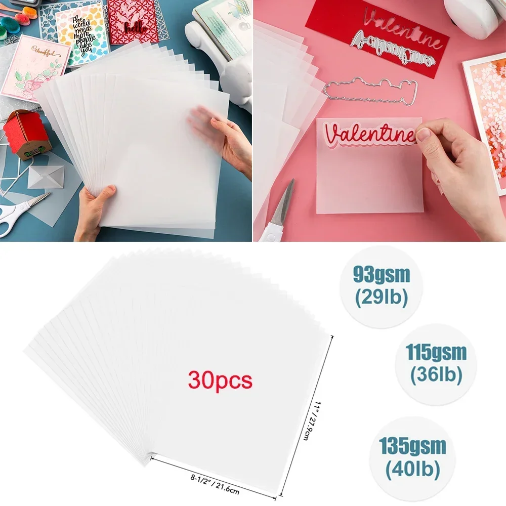 30 Stück/Blätter mattierte, glatte Pergamentpapierbögen, 21,6 x 27,9 cm, hitzebeständig, durchscheinend, Vallum zum Stempeln, Prägen, Stanzpapier, Basteln