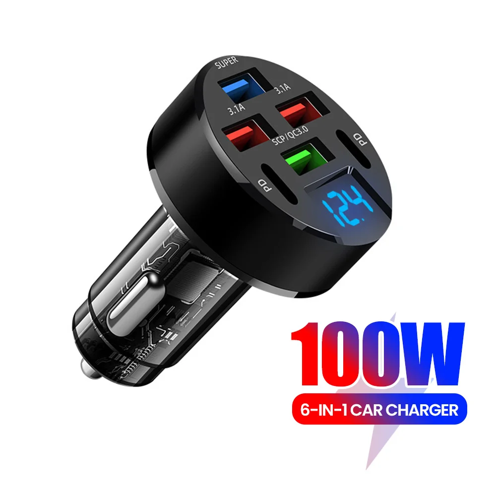 

100W 6 Ports USB C Car Charger Fast Charging PD QC3.0 Car Phone Charger Adapter with Digital Display For iPhone Xiaomi Samsung