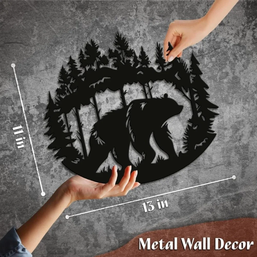 1PC 13x11cm Black Metal Bear Wall Decor, Iron Wildlife Art for Cabin Porch Patio Fence Man Cave