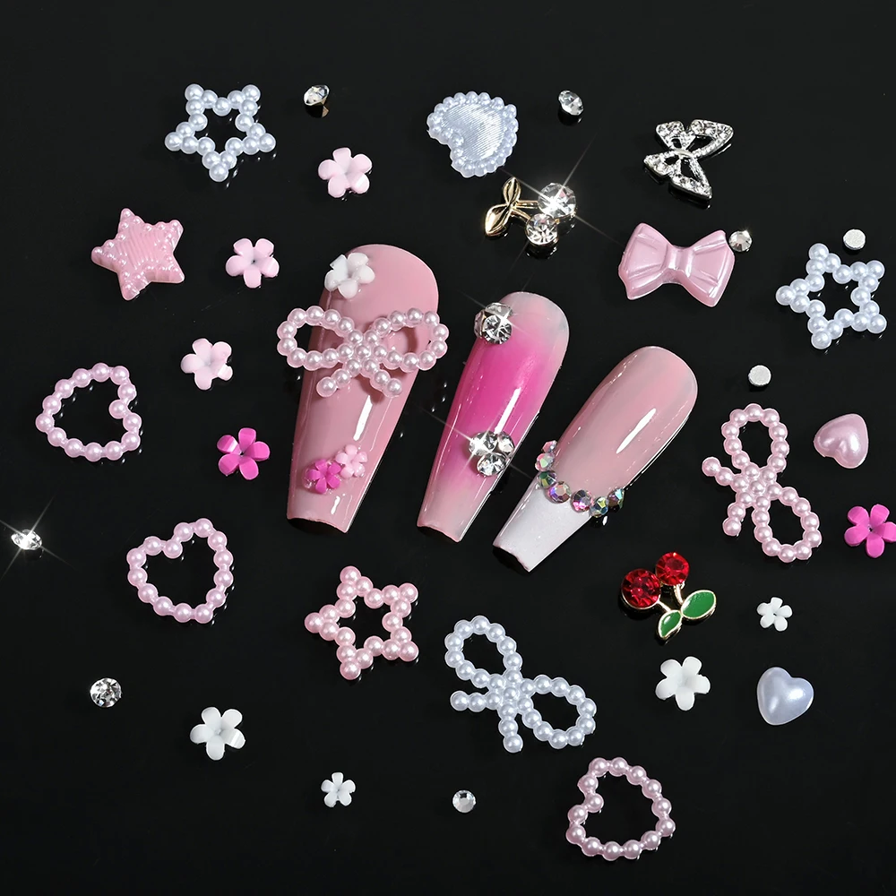 12-teiliges 3D Gemischtes Schmuckset für Nägel mit Schleifen, Herzen, Strasssteinen, Legierungsschmetterlingen, Kirschen, Perlen, Sternen und Schleifenperlen - Nageldekoration und Nagelzubehör