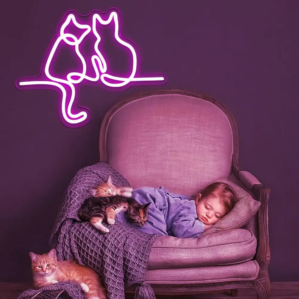 Cats Couple Neon Sign LED Wall Art USB Powered Pink Glow Line Art Animal Lover Gift Kids Bedroom Living Room Pet Store Decor