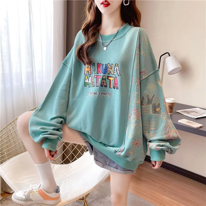 New Spring and Autumn Fashion Korean Edition Patchwork Printed Round Neck Loose Size Foreigner Slim Women\'s Long Sleeve Sweater