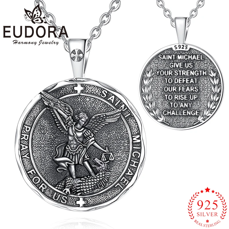 Eudora New Saint Michael Necklace 925 Sterling Silver Archangel Amulet Medal Cross Pendant Christian Jewelry Gift for Men Women