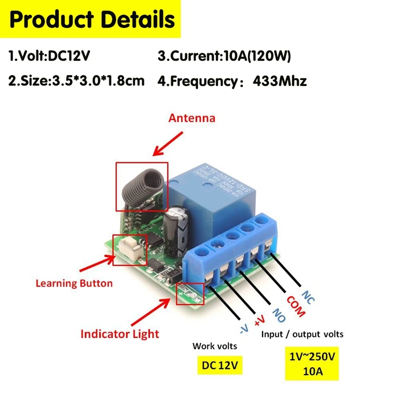 RF Módulo Receptor Sem Fio Interruptor, Relé Único, Remoto On e Off Transmissor, DC 12V, 433 MHz