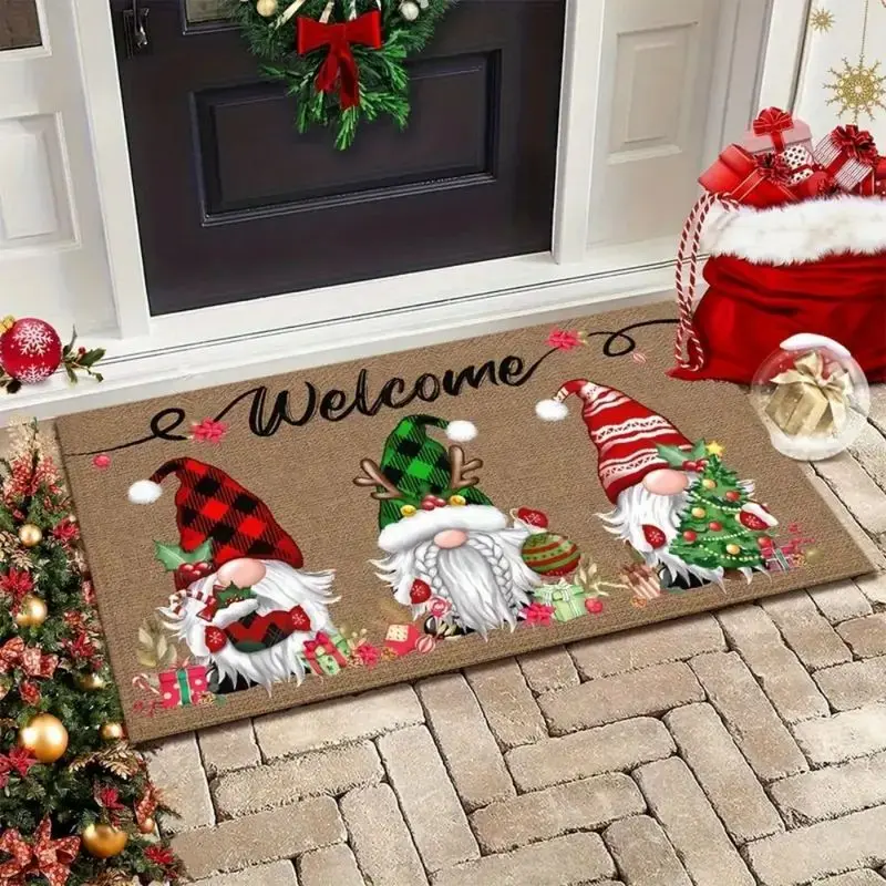 VIKAMA Christmas Gnome Welcome Door Mat Buffalo Plaid Tomte Santa Gifts Long Runner Rug Entryway Floor Mat Non Slip Decor