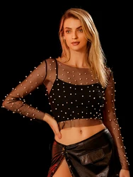 Women's Y2k Sheer Pearl Top Rhinestone See Through Long Sleeve Mesh Crop Tops Beach Cover Up Blouse Beachwear
