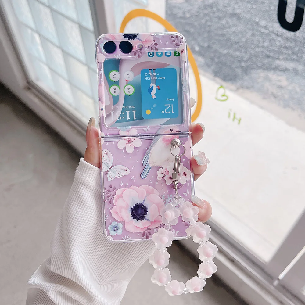 For Samsung Z Flip 5 4 3 ZFlip5 Case Hand Drawn Flowers Bracelet Transparent Folding Shockproof Protective Plastics Hard Cover