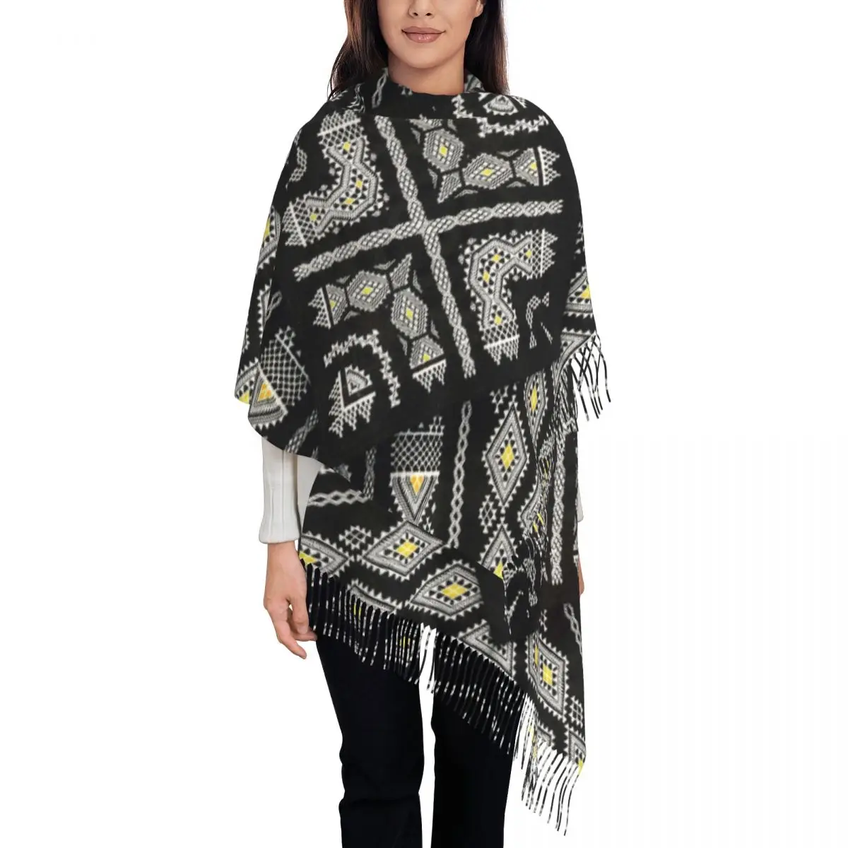 Stylish Kabyl Amazigh Carpet Tassel Scarf Women Winter Fall Warm Shawl Wrap Lady Africa Berber Ethnic Geometric Scarves