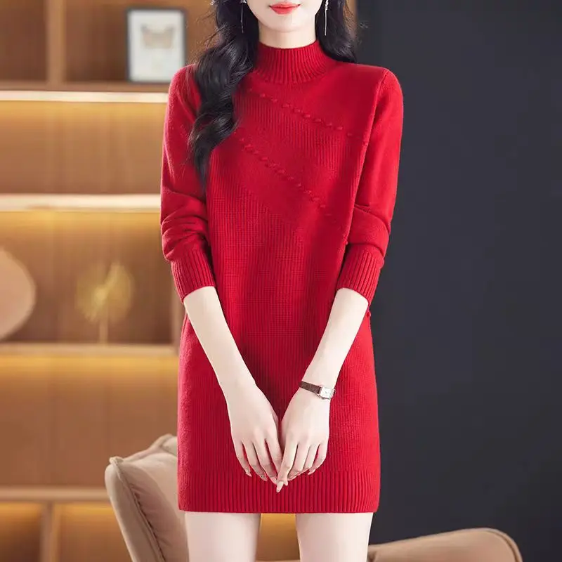 Women's Clothing Fashion All-match Half High Collar Knit Dresses Autumn Winter New Casual Loose Long Sleeve Above Knee ,Mini Top