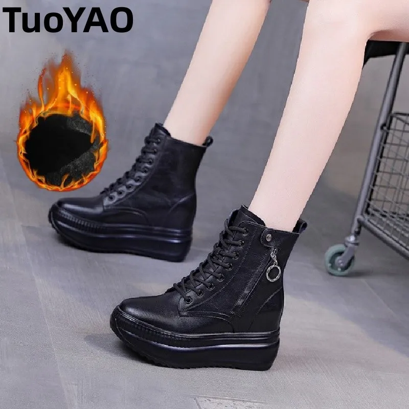 

8cm High Top Women Casual Shoes Cow Suede Leather Platform Sneakers black Shoes Ankle Boots Fall Winter Walking Shoes