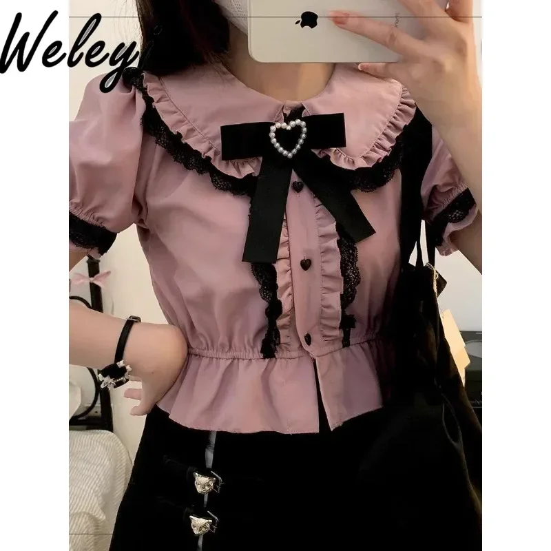 

Summer Mine Series Mass Produced Bow Shirt Lolita Woman Kawaii Lace Cool Love Short Sleeve Top Sweet Underwear Shirts Femininas