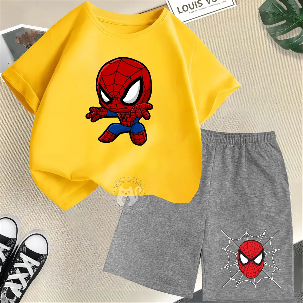 Miniso T-shirt Spider Man Short sleeved Cotton Sports T-shirt+Shorts Boys and Girls Summer O-neck Short sleeved Casual Set