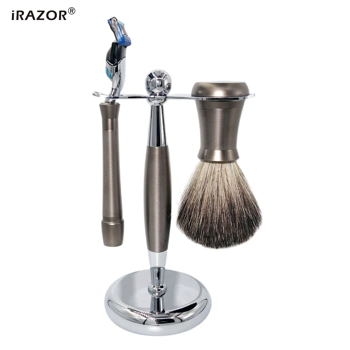 

iRAZOR New Luxury Gunmetal Grey F5 5-Layer Fusion Razor Manual Shaver Soft Badger Hair Shaving Brush and Bowl Set Gift for Men