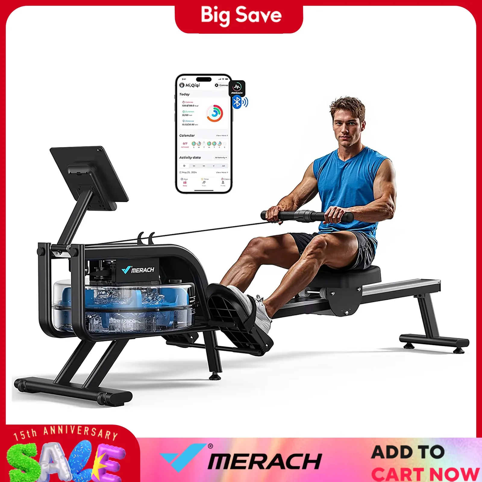 Remoja de agua con 16 bandas de resistencia silenciosas, control Bluetooth, remo compacta plegable, capacidad de peso de 350 libras