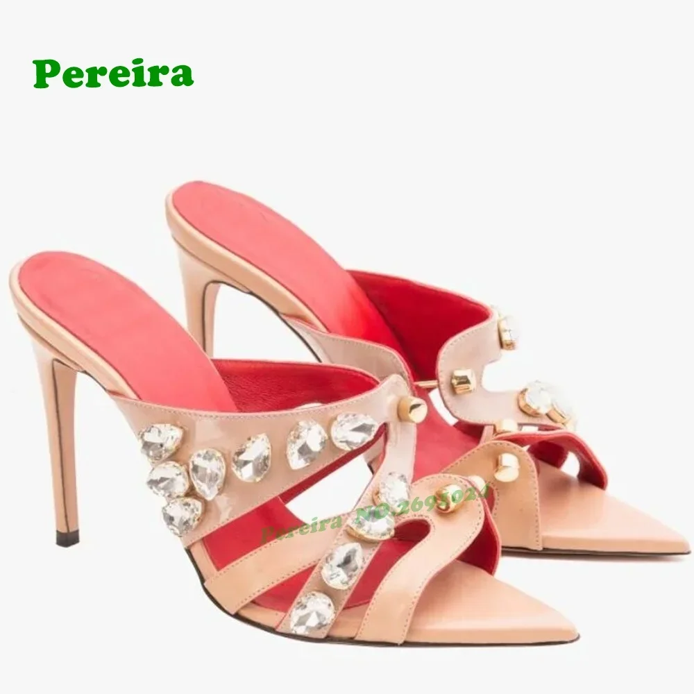 

Rhinestone Metal Heels Slippers Side Air Stiletto Heels Women's Slippers Pointy Toe Slip On Casual Runway Shoes Elegant Sexy