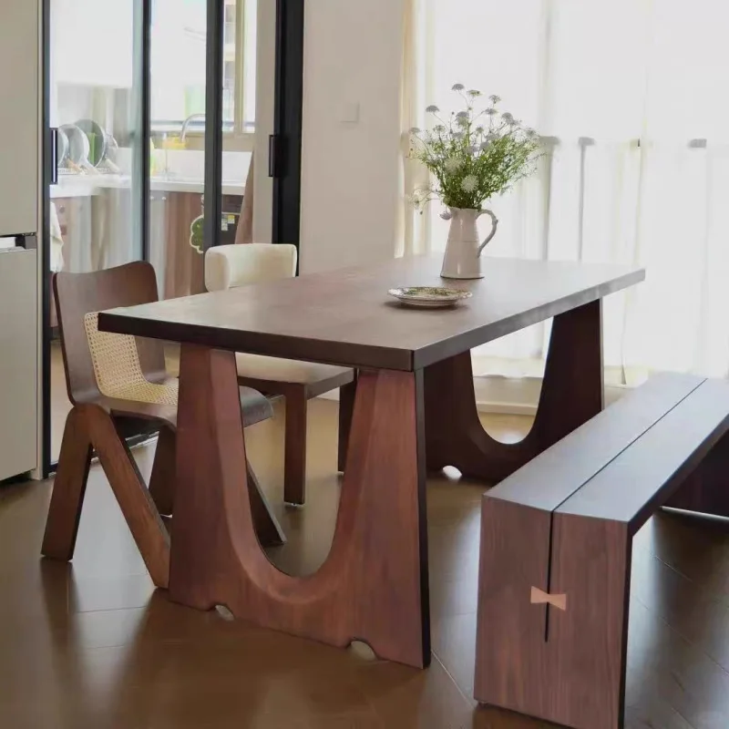 

Nordic solid wood dining , antique rectangular dining table, black walnut-colored log large board table, long ,