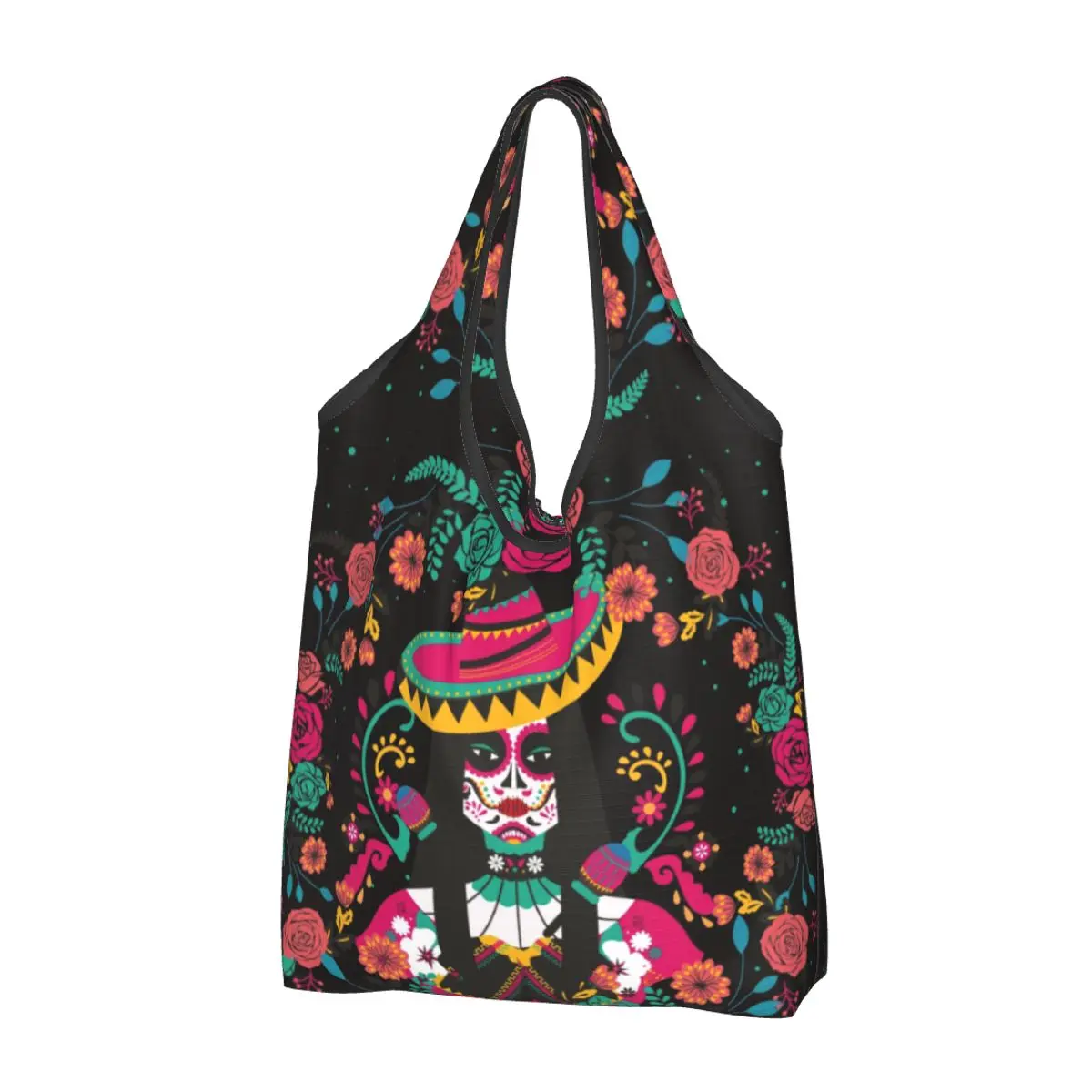 

Kawaii Awesome Mexican Skeleton With Flowers Shopping Tote Bag Portable Colorful Grocery Shopper Shoulder Bag